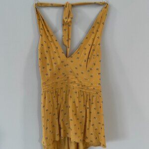 Yellow Halter Top Tie Neck American Eagle Medium Floral Print Runched back